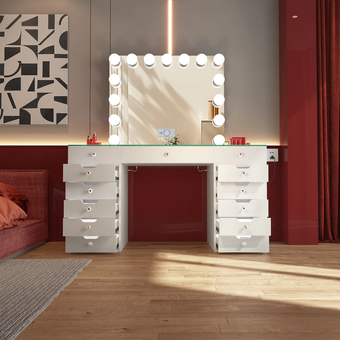 VANITII Eva Vanity Desk - 13 Storage Drawers with Full Light and Mirror