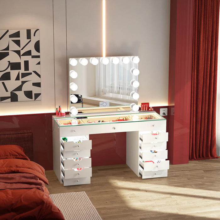 VANITII Eva Vanity Desk - 13 Storage Drawers with Full Light and Mirror