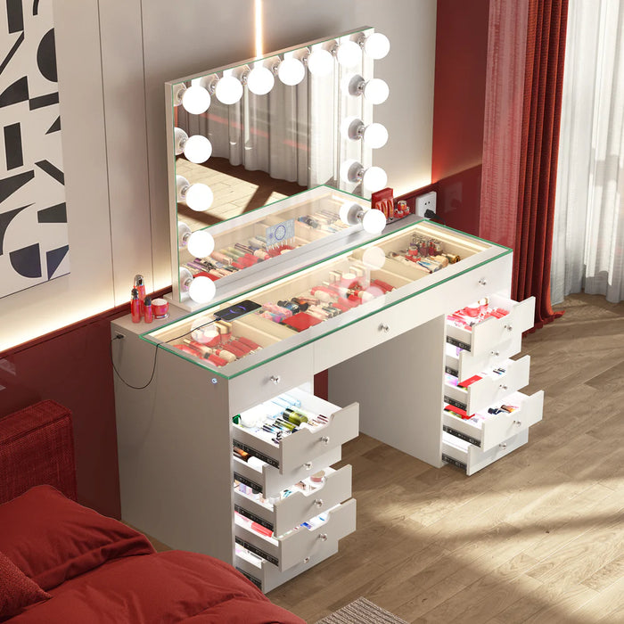 VANITII Eva Vanity Desk - 13 Storage Drawers with Full Light and Mirror