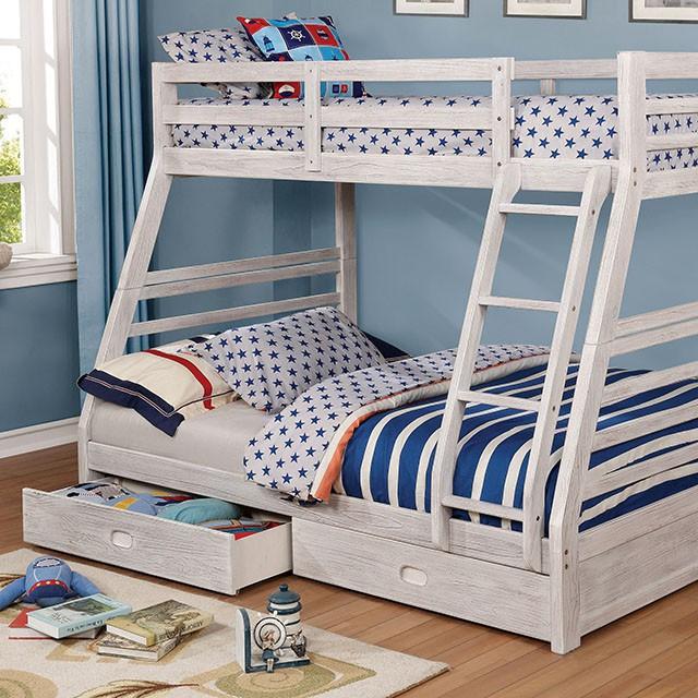 California III Wire-Brushed White Twin/Full Bunk Bed w/ 2 Drawers