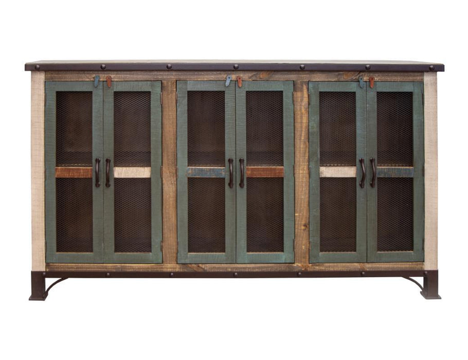 Antique Multicolor 71" Console w/6 Iron Mesh Door Panels and Middle Shelves image