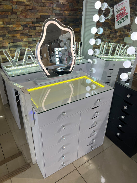 Twelve Drawer Vanity With Mirror And LED Lights (Floor Model)